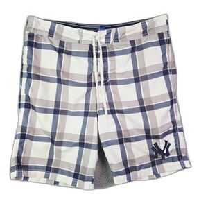 New York Yankees Mens Swim Trunks Board Shorts L White Navy Plaid GIII